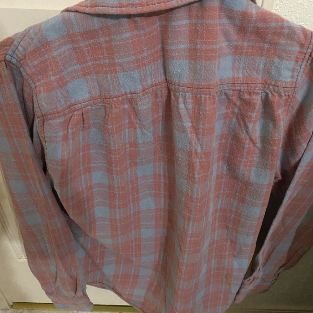 Plaid Flannel Button Down Shacket - Coral & Blue - Small